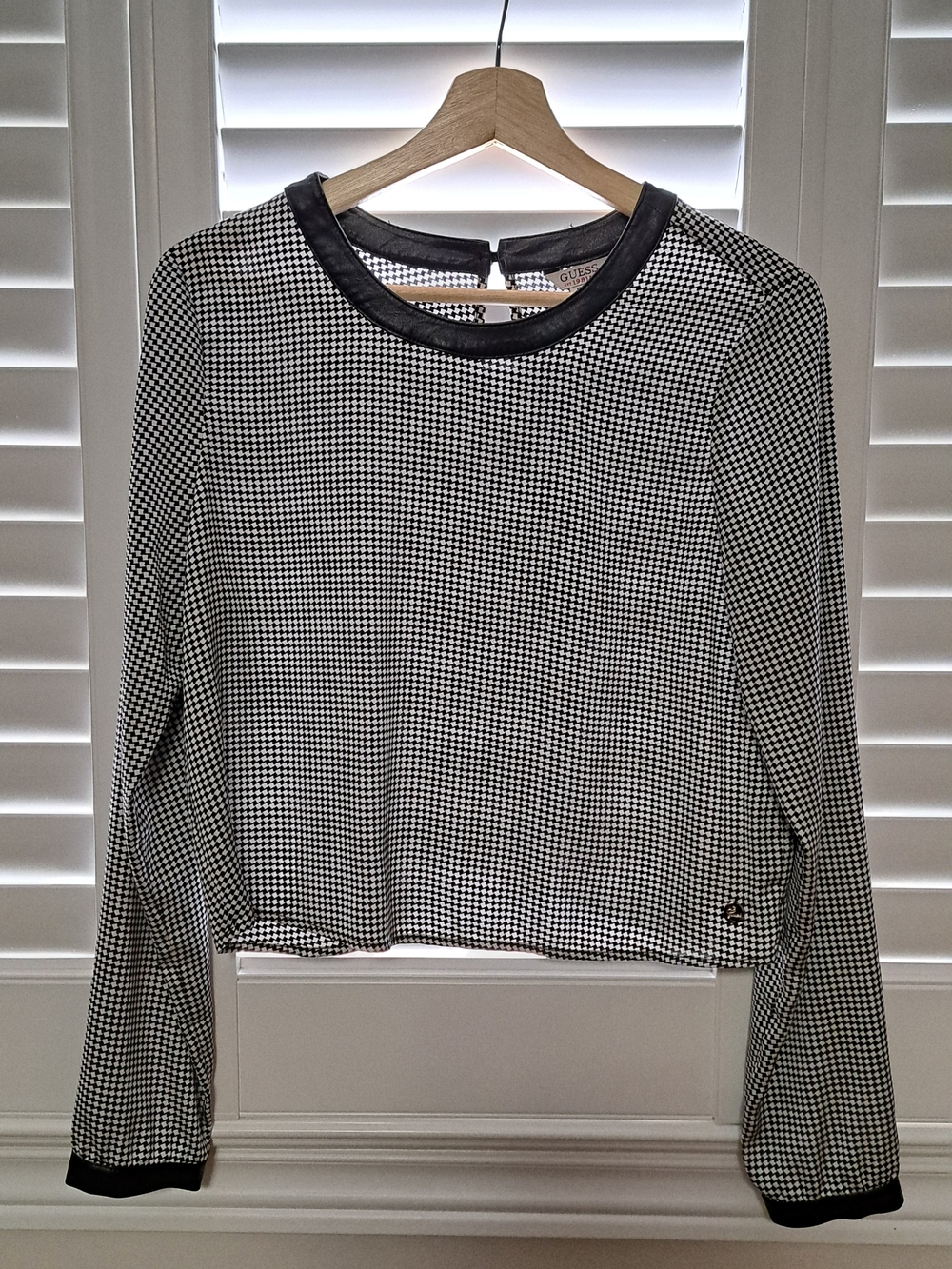 Guess Black and White Houndstooth Long-Sleeve Top with Faux Leather Trim